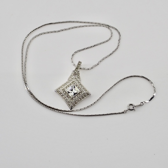 Crown Trifari Signed Square Silver Tone Rhinestone Pendant on Serpentine Chain 2 - Picture 2 of 13